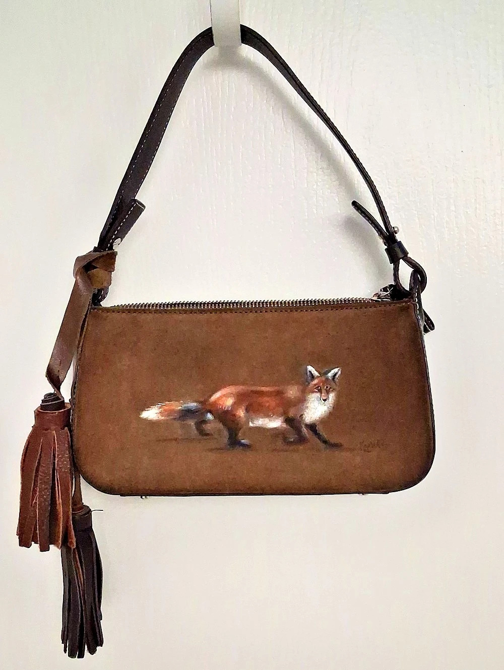 Vintage Ann Taylor Hand-painted Fox on Suede Purse